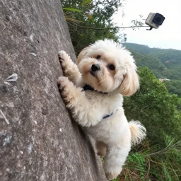 a cream-colored havanese dog rock climbing, gopro photo, 4k