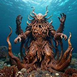 cthulhu rises from the depths of the ocean, wood - carving