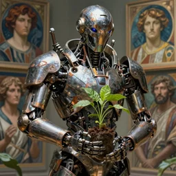 dystopian robot, metal, holding green plant, cinematic lighting, fantasy, warforged, intricate, highly detailed, lifelike, photorealistic, digital painting, artstation, illustration, concept art, sharp focus, art by john collier and albert aublet and krenz cushart and artem demura and alphonse mucha
