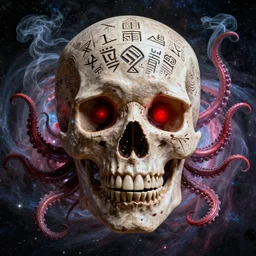 a giant skull with intricate rune carvings and red eyes with lovecraftian tentacles emerging from a space nebula by dan mumford, smoke trails, digital art, photorealistic, vivid colors, highly detailed, intricate