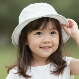 portrait of a smiling 3 0 - year - old woman looks a little upwards, medium brown hair with a white hat, hair comes out of the hat a little and plays because of the vend, the woman puts her hand on the hat to try to remove it to hold onto, realistic, very detailed