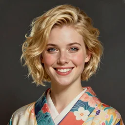 stunning, breathtaking, awe - inspiring award - winning concept art face portrait painting by steve mccurry of a beautiful young smiling blonde white woman with short, wavy hair, wearing a colorful yukata, unreal engine, trending on artstation