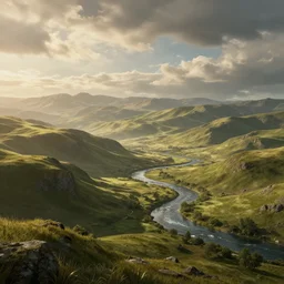 a brightly lit landscape, hills and valleys, a river flowing, majestic skies, lord of the rings, trending on artstation, featured on behance, well - rendered, extra crisp features, intricate detail, epic composition, in the style of unreal engine