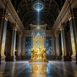 a majestic throneroom, at the dawn of time, glass paint, overglaze, ornament, time - lapse, photojournalism, wide angle, perspective, double - exposure, light, tones of black in background, ultra - hd, super - resolution, massive scale, perfectionism, soft lighting, ray tracing global illumination, translucidluminescence, crystalline, lumen reflections, in a symbolic and meaningful style, symmetrical