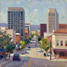 downtown salt lake city, in the style of minerva teichert, oil on canvas, impasto, visible brushstrokes, watercolor, 8 k scan