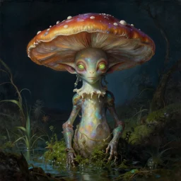 a close - up rococo portrait of an iridescent mushroom alien elf - like creature with futuristic features standing in water, moss, and swamp. glowing eyes. night time. rich colors, high contrast. gloomy, highly detailed 1 8 th century sci - fi fantasy masterpiece painting by jean - honore fragonard, moebius, and johfra bosschart. artstation