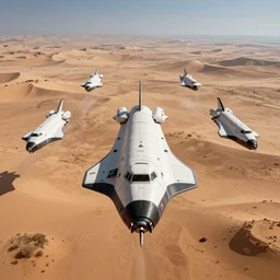 an ultra realistic shot of passenger spaceships flying toward camera, away from a dried desert dystopian earth, epic scale ultrawide angle, 3D  rendered, Vray rendered, octane render, unreal engine