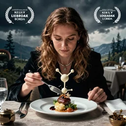 kelly lebrock eats gourmet dinner, molecular gastronomy, in the style of weird science movie poster artwork