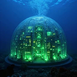 underwater dome city with green and blue lights