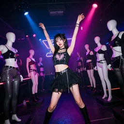 an award winning 4 k digital photograph of a skinny cute goth girl at a night club dancing, club full of mannequins, neon spotlights, canon 3 5 mm wide view lens viewpoint