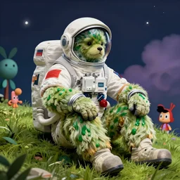 hyperrealist, graphic novel illustration of a astronaut rand shaggy green fur with green dye sitting on a grassy hill, pulp 7 0's sci - fi vibes, 9 0's hannah barbara fantasy animation, cinematic, movie still, studio ghibli masterpiece