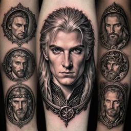 merlin, sorcerer, lord of the rings, tattoo, decorated ornaments by carl spitzweg, ismail inceoglu, vdragan bibin, hans thoma, greg rutkowski, alexandros pyromallis, perfect face, fine details, realistic shaded