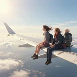 surreal photorealistic scene of a girl sitting on the wing of a flying airplane, side view, wide shot, very windy, sunny morning light, 4 k, hyperrealism, hdr, volumetric lighting, cinematic composition, digital anime photo concept illustrated by noriyoshi ohrai and magali villeneuve and john william waterhouse