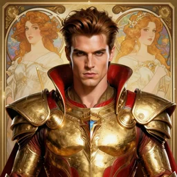 portrait of a handsome cyberpunk amazonian man wearing a gold red armor, beautiful symmetrical face, fantasy, regal, by stanley artgerm lau, greg rutkowski, thomas kindkade, alphonse mucha, loish, norman rockwell.