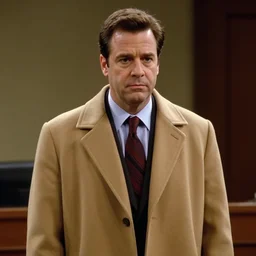 television still of andy richter wearing a tan overcoat and necktie, in a legal comedy drama from ( 2 0 0 2 ), somber lighting - n 4