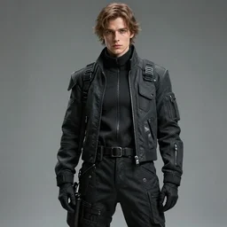 Medium shot of a character wearing techwear in the style of greg rutkowski