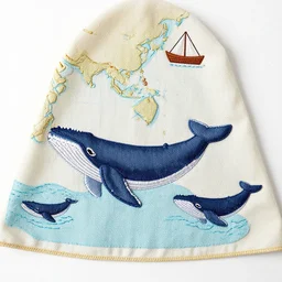 cape with a map of the sea on it. boat. fabric, stitched. whales. humpback