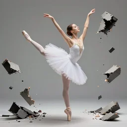 a realistic ballerina dancing as the world around her falls apart, ultra realistic, hyperrealistic, trending on artstation, hd, 8k