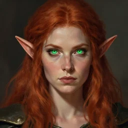 portrait of a female elf warlock, long pointy ears, glowing green eyes, bushy red hair, freckles, medieval setting, detailed face, highly detailed, digital painting, artstation, concept art, sharp focus, illustration, art by greg rutkowski and artgerm