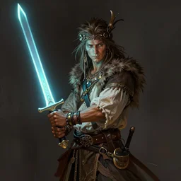a nomad holding a long neon sword, highly detailed, digital painting, artstation, concept art, sharp focus, illustration, art by greg rutkowski and alphonse mucha