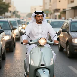a rich arab prince riding a vespa in heavy traffic