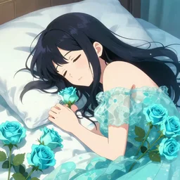 ( final draft ) anime girl resting in a bed of cyan roses.