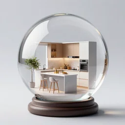 crystal ball with mini modern kitchen inside it, octane render hyperdetailed,