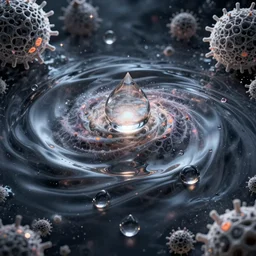 photo of water droplet symmetrical waves hyper realistic galaxy fractal lace filigree surreal microbial structure detailed photorealistic!!!