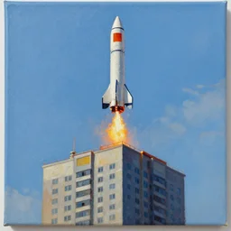 a rocket landing on top of the building. high quality. painting on canvas. digital art.