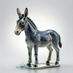a photo-real glazed ceramic sculpture of a mule, standing in an ocean of bubbly water, micro detail, backlit, studio light