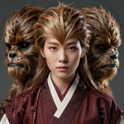 korean female human, half wookie, jedi master, wearing the traditional jedi robe, beautiful and uniquely odd looking, detailed symmetrical close up portrait, intricate complexity, in the style of artgerm and ilya kuvshinov, magic the gathering, star wars art