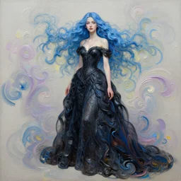 intricate highly detailed womans full body portrait, blue hair, black gown high resolution uhd hyper realistic hyperdetailed 8 k pastel paint pour by peter mohrbacher