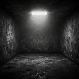 dark room without walls, only floor and ceiling are disappearing in fog, dystopian scenery, fear and horror, black and white photo