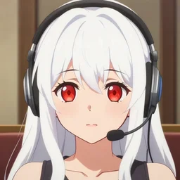 high quality anime visual of a cute girl, with red eyes!!!! and long white hair!!!! wearing a headset in her room interior, art by makoto shinkai, crunchyroll, pixiv, danbooru, hd, detailed anime face, cel shaded, smoothed lip line, digital art, ambient lighting