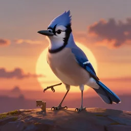 a  key shot of a Bluejay animation at sunset 6 legs, medium shot, waist up, studio Ghibli, Pixar and Disney animation, sharp, Rendered in Unreal Engine 5, key art by Greg Rutkowski, Bloom, dramatic lighting, backlit, J. C. Leyendecker, Bluejay with 6 legs