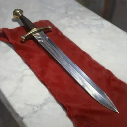 concept art, mood painting, environment painting, polished metal sword curved blade placed on red cloth white marble table gondor lotr. style of ryan church, jon mccoy, george hull, painting