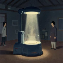 teleportation machine in a dimly lit room, light shining from the machine and illuminating the dust particles in the air by goro fujita and jarosław jasnikowski, style of korean folk art