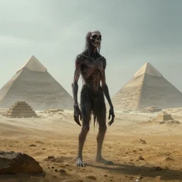 Creepy long creature standing in a foggy weather in a desert world full of pyramids, award winning, trending on artstation, unreal engine