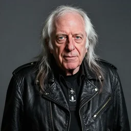 portrait of Bernie Sanders as the leader of a 1980s heavy metal band,  very long hair, leather jacket, very detailed