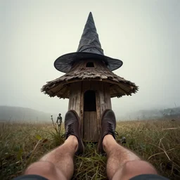 witch hut standing on big human's legs, greg rutkowski, zabrocki, karlkka, jayison devadas, trending on artstation, 8 k, ultra wide angle, zenith view, pincushion lens effect