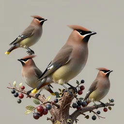 3 d render of ethereal bohemian waxwing bird, bombycilla garrulus, intricate details, ornate, detailed, octane 3 d render, johanna rupprecht, william morris, trending on artstation, a bird sitting on top of a tree filled with berries, by marco mazzoni, trending on cgsociety, rococo, whimsical
