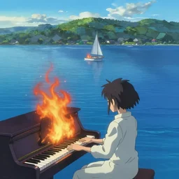 Anime blue water with piano on fire!!!!, far away, landscape, scenery, Cushart Krenz, Shinkai Makoto, by Lluluchwan, lots of details, highly detailed, 4k