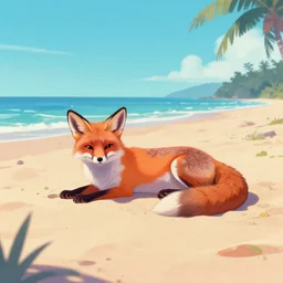fox chilling on the beach, photo, vaporwave