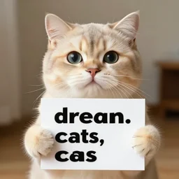 realistic high quality photo of a cute cat holding a sign with text that reads : drean caaats, cats, cas