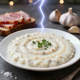 gzhel plate of borscht, brown bread with sliced salo, salt, hyper realistic, foodphoto, extremely detailed, photorealism, garlic on background, side view, bokeh, epic lightning, yamy, sigma 8 5 mm f 1. 5!!