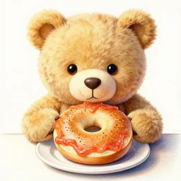 cute fluffy happy golden teddy bear sitting at table eating large bagel with lox for breakfast, colored pencil and watercolor painting richard scary detailed 4 k