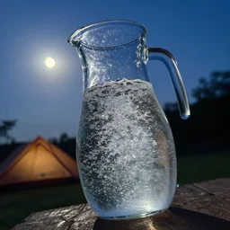 [ a glass jug of sparkling water ], glass jug full of ( water and shiny crystals ), highly detailed, dusk, moon light, campsite, hdr, backlit, ( dramatic angle ) 8 k f 5 2 0 mm