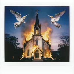 burning church and angels polaroid, surrealistic collage art