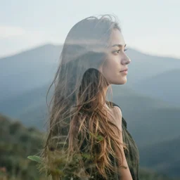 a woman and a mountain, double exposure