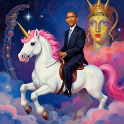 stunning portrait of obama riding a unicorn by victo ngai, kilian eng vibrant colors, winning - award masterpiece, fantastically gaudy, aestheticly inspired by beksinski and dan mumford, 4 k upscale with simon stalenhag work, sitting on the cosmic cloudscape